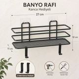 Siyah Yapışkanlı Banyo Rafı, 2 Kancalı Duvar Tipi Banyo Organizer, Şampuanlık Ve Aksesuar Rafı, Delmeden Kolay Kurulumlu Metal Banyo Düzenleyici