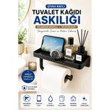 Siyah Yapışkanlı Raflı Tuvalet Kağıdı Askılığı Delmeden Montaj Banyo Organizer Telefon Rafı Askısı
