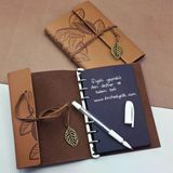 Siyah Yapraklı Deri Defter ve Beyaz Jel Kalem Seti