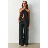 Siyah Yüksek Bel Keten Wide Leg Pantolon MG2718