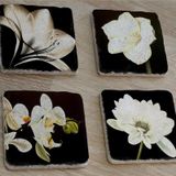 Siyah Zemin Orkide Gerbera ve Çiçekler Doğal Taş Bardak Altlığı 4'lü set - Natural Stone Coasters