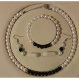 Siyah&Beyaz İnci Set, A Kalite Boncuk İnci Paslanmaz Çelik Kolye, Bileklik ve Küpe Takımı