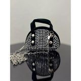 Siyah(Beyaztaş) Süet Kumaş, Tek Bölmeli, Zincir Askılı,fermuarlı, Taşlı, Mini El ve Omuz Çantası 10 cm - 10x7 - Siyah - Beyaz