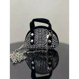 Siyah(Beyaztaş) Süet Kumaş, Tek Bölmeli, Zincir Askılı,Fermuarlı, Taşlı, Mini El Ve Omuz Çantası 10 Cm