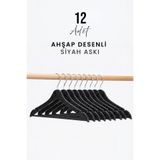 Siyempi 12 Adet Ahşap Desenli Siyah Plastik Elbise Askısı Kaymaz Döner Kancalı Sağlam Gömlek Ceket Askı Seti