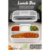 Sızdırmaz Contalı Yemek Kabı - 4 Bölmeli Çatal Kaşıklı Diyet Beslenme Kutusu Lunch Box Gri Gri