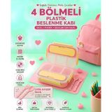 Sızdırmaz Kapaklı, Çatal Ve Kaşıklı 4 Bölmeli Çocuk Beslenme Kabı / Beslenme Kutusu Pembe