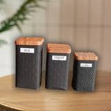 Sizinsepetiniz Bambu Kapak Görünümlü Baklava Desenli Metal 3 Boy Kavanoz Seti (Yeni Desen) - Siyah