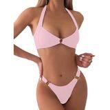 SKAYS Kadın seksi iki parçalı Bikini setleri üçgen mayolar yivli yular yüzük şık yüksek kesim tanga mayo banyo, Açık pembe, S