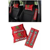 Skoda Uyumlu Dijital Baskılı Kırmızı Araç Seyahat Boyun Yastık Emniyet Kemer Ped - 2'Li Set