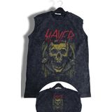 Skull Slayer Ense Baskılı Yıkamalı Kolsuz Tişört, Unisex Rock Band Temalı Sıfır Kol Vintage Atlet - Siyah - 2XL