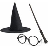 Skygo Harry Potter Tarzı Çocuk Seti - Siyah Keçe Şapka, Asa, Gözlük