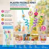 Skygo Kıvrımlı Renkli Plastik Pipet - Figürlü Tasarım - 4'lü Paket