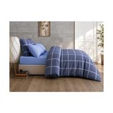 Skygo Revify Lüks%80 Pamuklu Çift Kişilik Nevresim Takımı Seti Yorgan Kılıfı Mavi Lacivert Kare Beyaz Çizgi Desen 200X220 cm + Lastikli Battal Boy Çarşaf 180X200X30 cm +2 Yastık Kılıflı 50X70 cm - Acı Kahverengi
