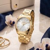 Slazenger Kadın Gold Altın Rengi Metal Kordon Taş Detaylı Gümüş Kadran Quartz 5 Atm Kol Saati - Gold - Gümüş