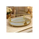Sleep Nova Gold Üzüm Motifli Aynalı Oval Dekoratif Tepsi Lüks Sunum Tepsisi
