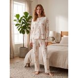 Sleeproom Bisiklet Yaka Waffle Kumaş Çiçek Desen Uzun Kollu Pijama Takımı - Çiçek Desenli Beyaz - XL