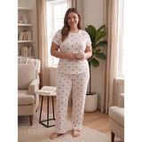 Sleeproom Büyük Beden Bisiklet Yaka Waffle Kumaş Kalp Desen Kısa Kollu Pijama Takımı - Beyaz - 3XL