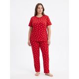 Sleeproom Büyük Beden Kadın Kalp Desen Yazlık Pijama Takımı - Kırmızı - 2XL