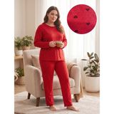 Sleeproom Büyük Beden Pointel Kalp Desen Kırmızı Uzun Kol Pijama Takımı - 3XL