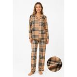 sleeproom Kadın Mevsimlik Süet Uzun Kol Ekose Desen Bej Pijama Takımı