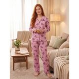 Sleeproom Mevsimlik Gömlek Yaka Likralı Viskon Tram Kalp Desen Pembe Düğmeli Kadın Pijama Takımı - 2XL