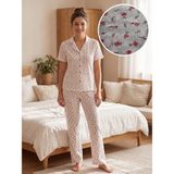 Sleeproom Önden Düğmeli Waffle Kumaş Çiğçek Desen Beyaz Kısa Kol Pijama Takımı - Beyaz - Çiçekli