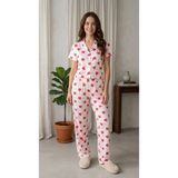 Sleeproom Viskon Düğmeli Kalp Desen Kısa Kol Pijama Takım - Kırmızı