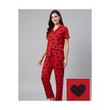 sleeproom Yazlık Düğmeli Kısa Kol Kırmızı Büyük Kalp Pijama Takım