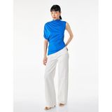 Slim Fit Asimetrik Kesim Drapeli Dik Yaka Kobalt Mavi Bluz