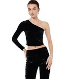 Slim Fit Asimetrik Yaka Uzun Kollu Crop Tek Omuz Kadife Bluz