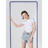Slim Fit Baskılı Crop Beyaz Kadın Kısa Kol Tişört