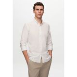 Slim Fit Beyaz Düğmeli Yaka %100 Pamuk Yazlık Flamlı Keten Görünümlü Gömlek 6HC02ORT63265