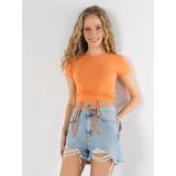 Slim Fit Bisiklet Yaka Crop Turuncu Kadın Kısa Kol Tişört