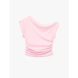 Slim Fit Bürümcük Kumaş Kap Kollu Drapeli Asimetrik Yaka Bluz