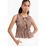 Slim Fit Dar Kesim Bisiklet Yaka Bağlamalı Dokulu Kolsuz Bluz