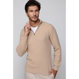 Slim Fit Dar Kesim Dik Yaka Fermuarlı Desenli Bej Erkek Triko Kazak