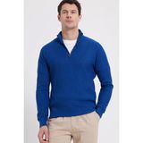Slim Fit Dar Kesim Dik Yaka Fermuarlı Desenli Saks Mavi Erkek Triko Kazak