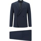 Slim Fit Dar Kesim Yünlü Çizgili Beli Lastikli Ipli Kruvaze Takım Elbise - 56 - Koyu Lacivert - Slim Fit Kalıp