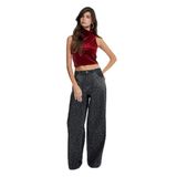 Slim Fit Dik Yaka Kolsuz Crop Kadife Bluz