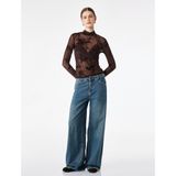 Slim Fit Dik Yaka Uzun Kollu Çiçekli Tül Bluz