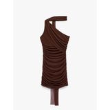 Slim Fit Drapeli Tek Omuz Mini Bodycon Elbise