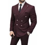 Slim Fit Erkek Kruvaze Pamuklu Takım Elbise, Lacivert, Çizgili, Altın Düğmeli, Şık ve Modern Kesim (bordoçizgili, 50)