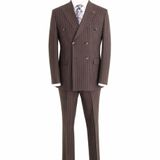 Slim Fit Erkek Kruvaze Pamuklu Takım Elbise, Lacivert, Çizgili, Altın Düğmeli, Şık ve Modern Kesim (kahveçizgili, 50)
