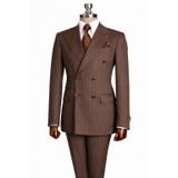 Slim Fit Erkek Kruvaze Pamuklu Takım Elbise, Lacivert, Çizgili, Altın Düğmeli, Şık ve Modern Kesim (kahveçizgili, 56)