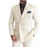 Slim Fit Erkek Kruvaze Pamuklu Takım Elbise, Lacivert, Çizgili, Altın Düğmeli, Şık ve Modern Kesim (kremçizgili, 58)