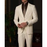 Slim Fit Erkek Mono Yaka Çizgili Kumaş Ceket Pantolon Takım Elbise Ekru T20112-05 - 6 Drop - 56