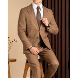 Slim Fit Erkek Mono Yaka Torba Cep Keten Kumaş Ceket Pantolon Takım Elbise Kahverengi T20111-03 - 6 Drop - 52