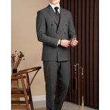 Slim Fit Erkek Sivri Yaka Çizgili Kruvaze Keten Karışım Ceket Pantolon Takım Elbise Siyah T20137-01 - 6 Drop - 50