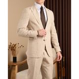 Slim Fit Erkek Sivri Yaka Torba Cep Çizgili Keten Ceket Pantolon Takım Elbise Bej T20101-09 - 6 Drop - 54